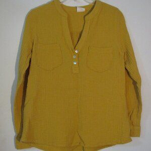 * Mote Mustard Yellow Top Medium Waffle Textured Long Sleeve